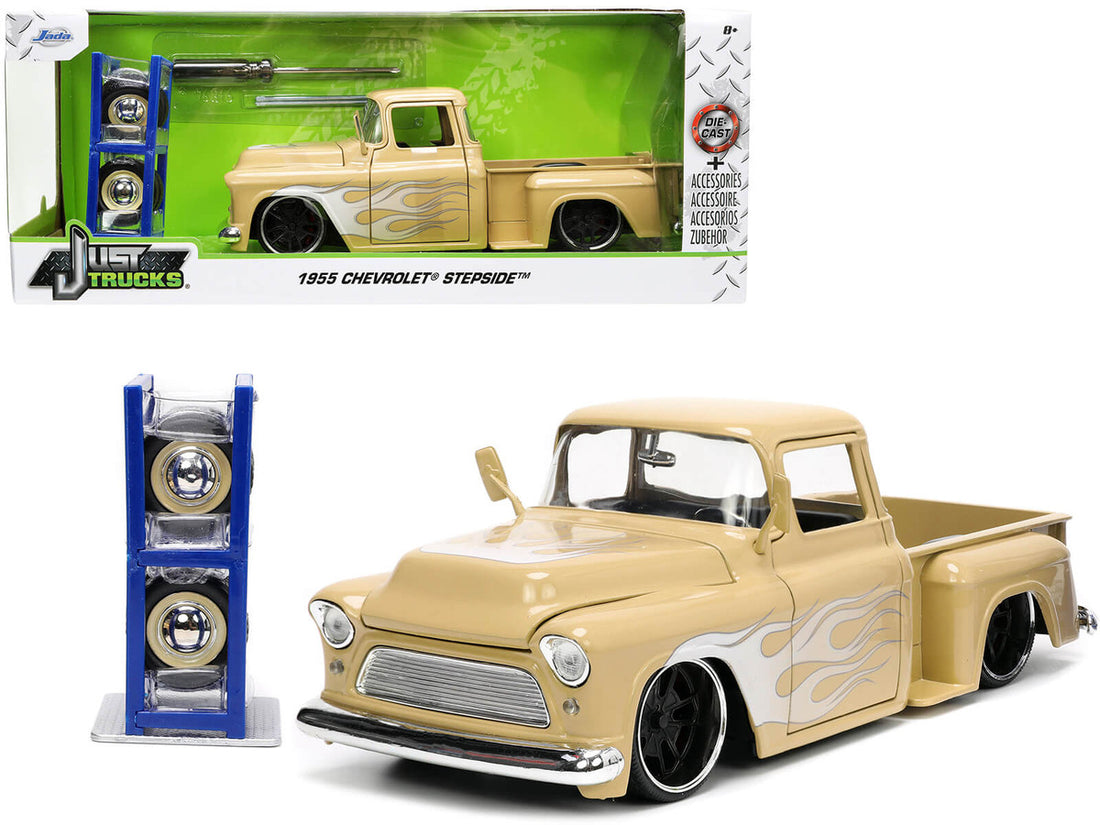 1955 Chevrolet Stepside Pickup Truck Tan with White and Silver Flames with Extra Wheels "Just Trucks" Series 1/24 Diecast Model Car by Jada-0