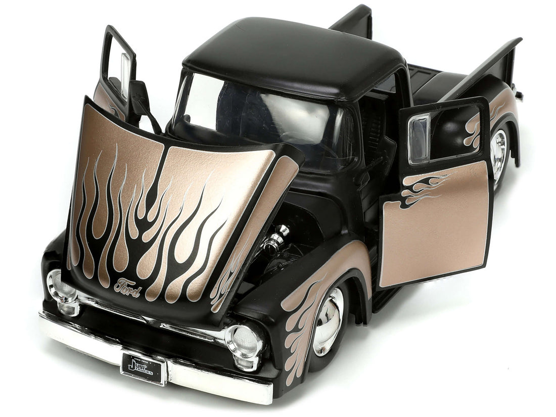 1956 Ford F-100 Pickup Truck Matt Black and Champagne with Flames with Extra Wheels "Just Trucks" Series 1/24 Diecast Model Car by Jada-1