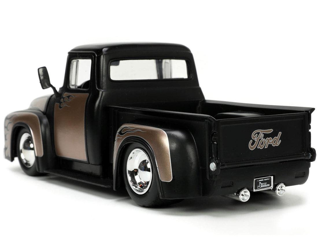 1956 Ford F-100 Pickup Truck Matt Black and Champagne with Flames with Extra Wheels "Just Trucks" Series 1/24 Diecast Model Car by Jada-3