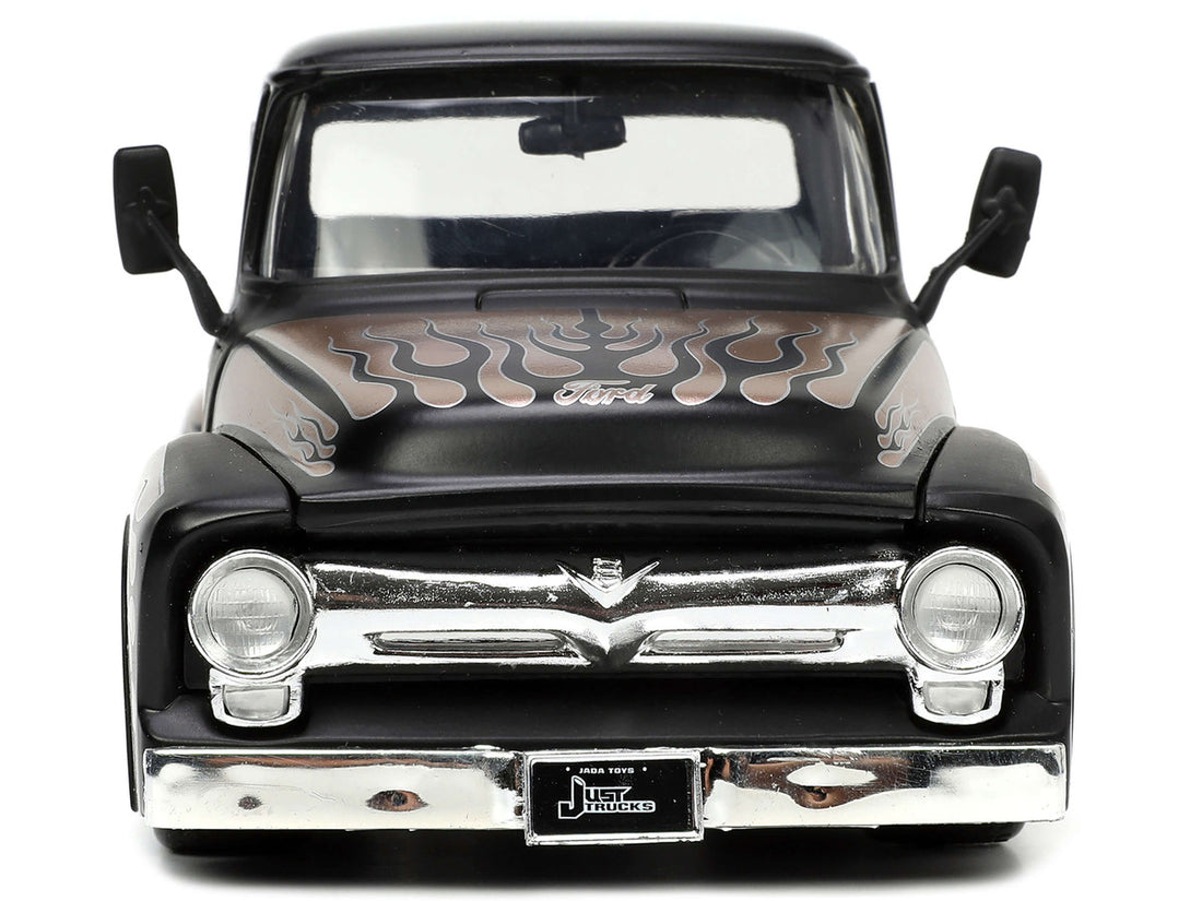 1956 Ford F-100 Pickup Truck Matt Black and Champagne with Flames with Extra Wheels "Just Trucks" Series 1/24 Diecast Model Car by Jada-4