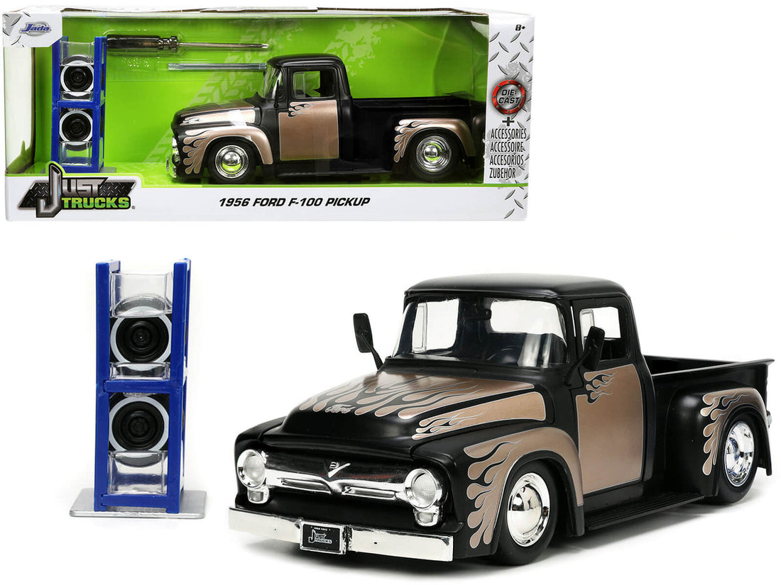 1956 Ford F-100 Pickup Truck Matt Black and Champagne with Flames with Extra Wheels "Just Trucks" Series 1/24 Diecast Model Car by Jada-0