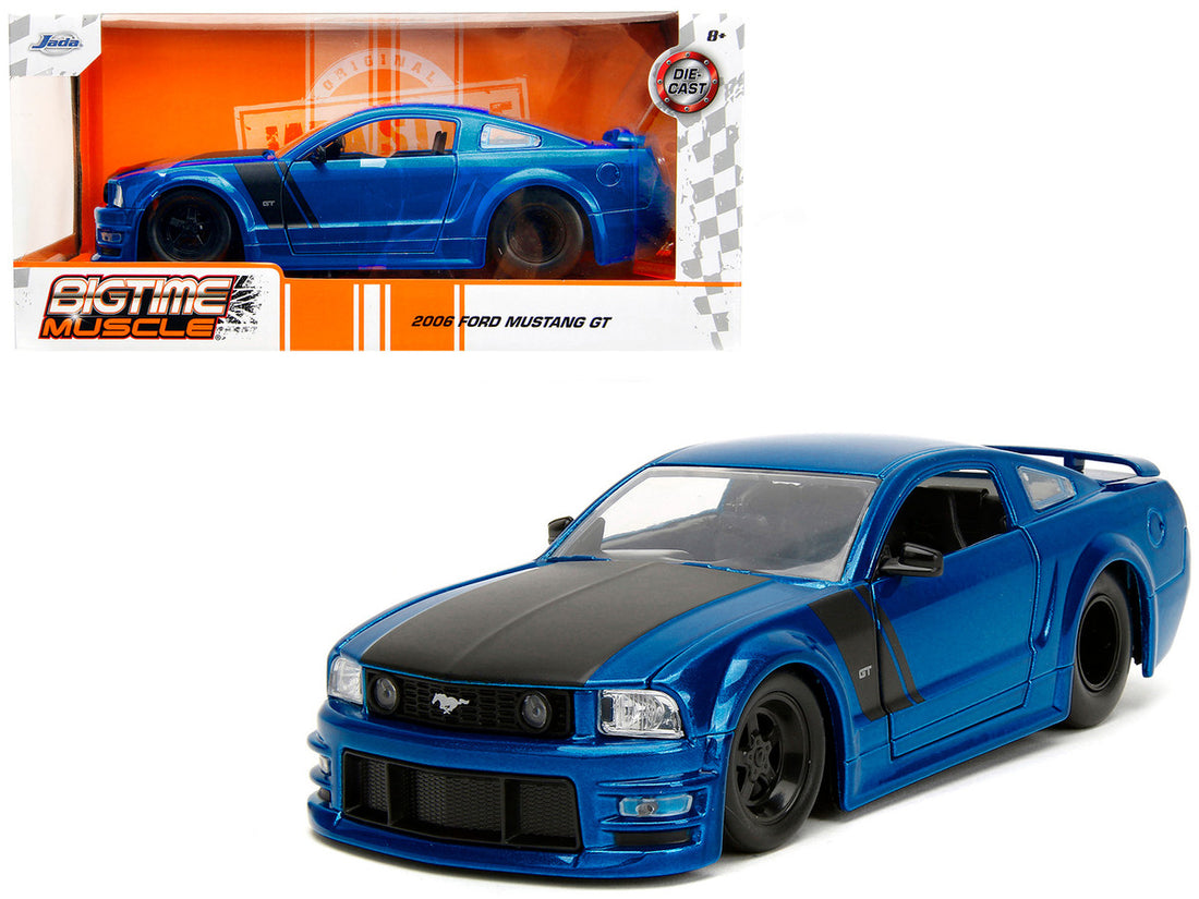 2006 Ford Mustang GT Blue Metallic with Matt Black Hood and Stripes "Bigtime Muscle" Series 1/24 Diecast Model Car by Jada-0