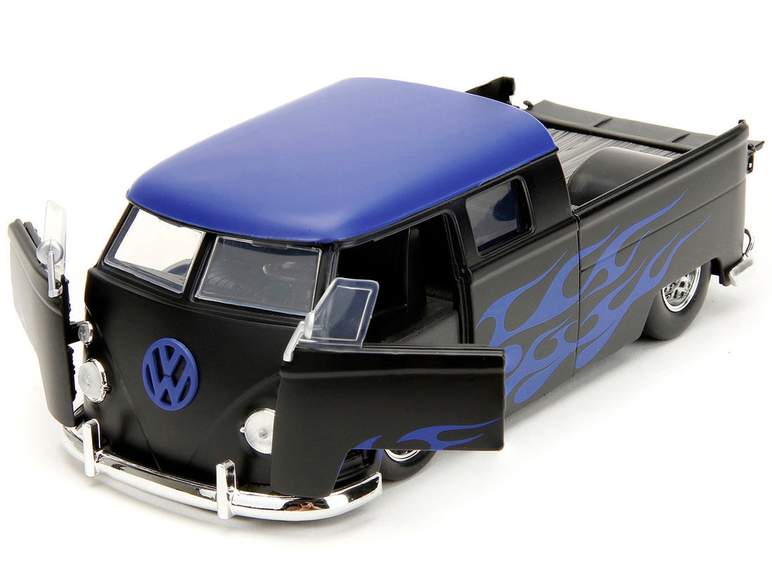 1963 Volkswagen Bus Pickup Truck Matt Black with Matt Blue Top and Flames Graphics "Punch Buggy" Series 1/24 Diecast Model Car by Jada-1