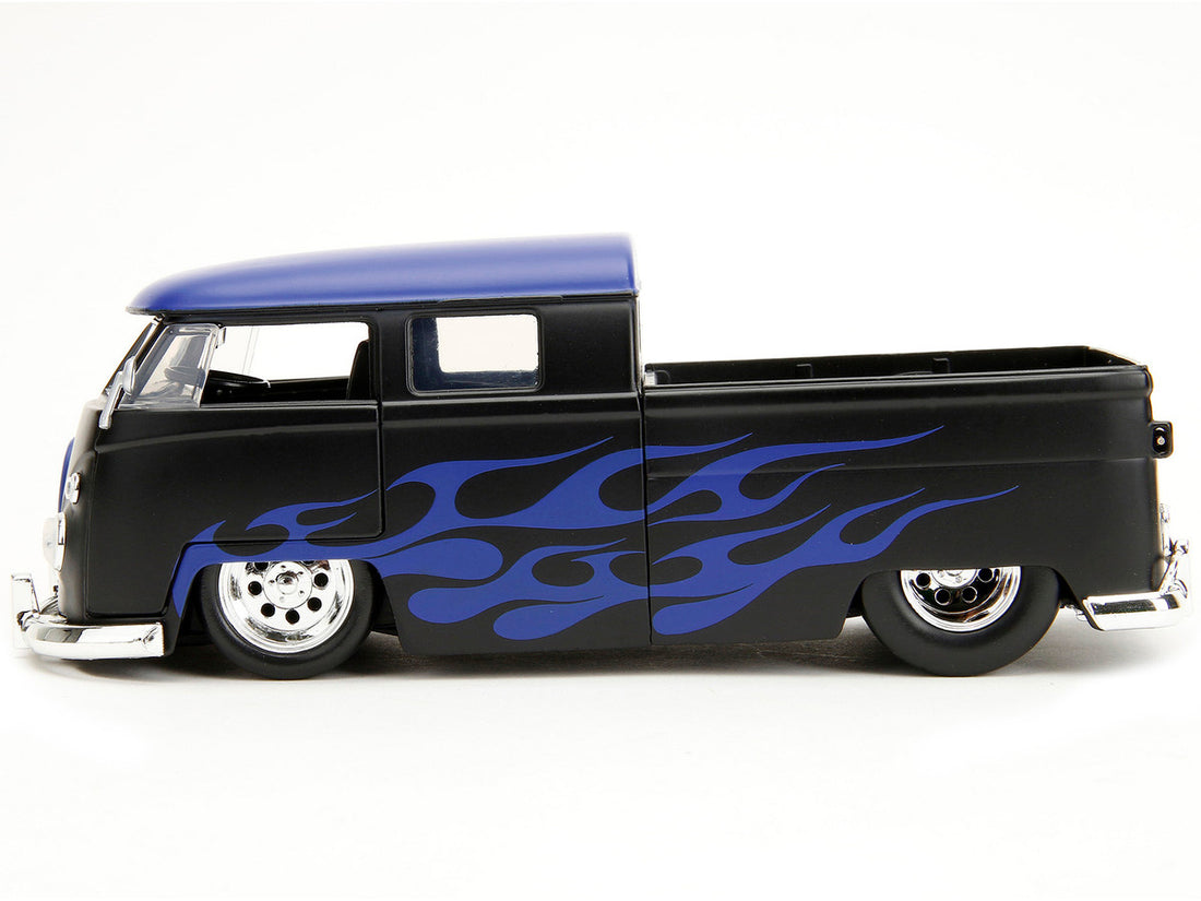 1963 Volkswagen Bus Pickup Truck Matt Black with Matt Blue Top and Flames Graphics "Punch Buggy" Series 1/24 Diecast Model Car by Jada-2