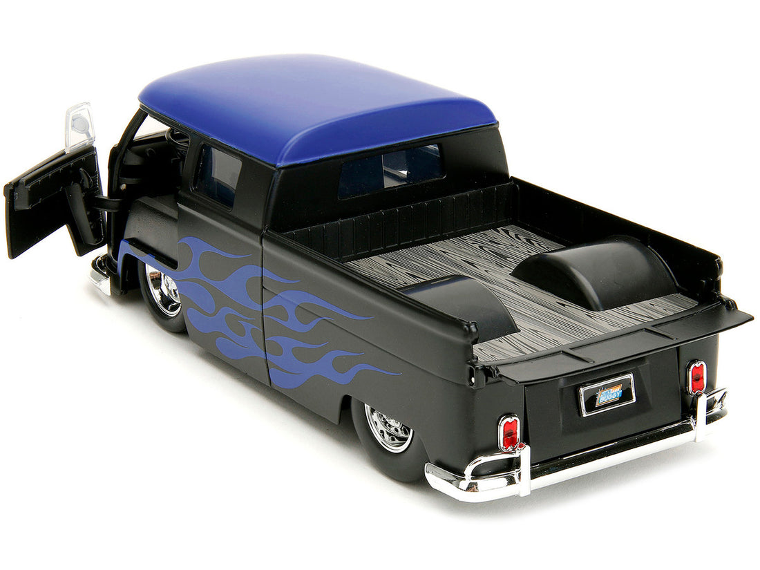 1963 Volkswagen Bus Pickup Truck Matt Black with Matt Blue Top and Flames Graphics "Punch Buggy" Series 1/24 Diecast Model Car by Jada-3