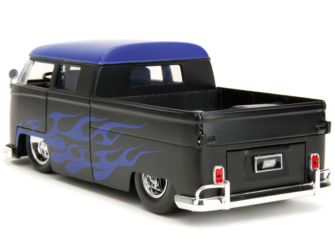 1963 Volkswagen Bus Pickup Truck Matt Black with Matt Blue Top and Flames Graphics "Punch Buggy" Series 1/24 Diecast Model Car by Jada-4