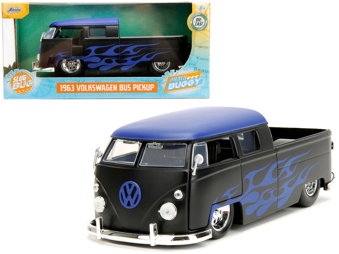 1963 Volkswagen Bus Pickup Truck Matt Black with Matt Blue Top and Flames Graphics "Punch Buggy" Series 1/24 Diecast Model Car by Jada-0