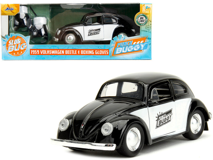 1959 Volkswagen Beetle "Punch Buggy" Black and White and Boxing Gloves Accessory "Punch Buggy" Series 1/32 Diecast Model Car by Jada-0