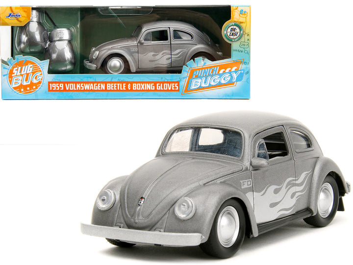 1959 Volkswagen Beetle Gray Metallic with Silver Flames and Boxing Gloves Accessory "Punch Buggy" Series 1/32 Diecast Model Car by Jada-0