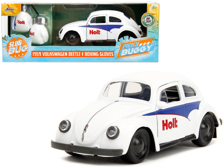 1959 Volkswagen Beetle "Holt" White with Blue Graphics and Boxing Gloves Accessory "Punch Buggy" Series 1/32 Diecast Model Car by Jada-0