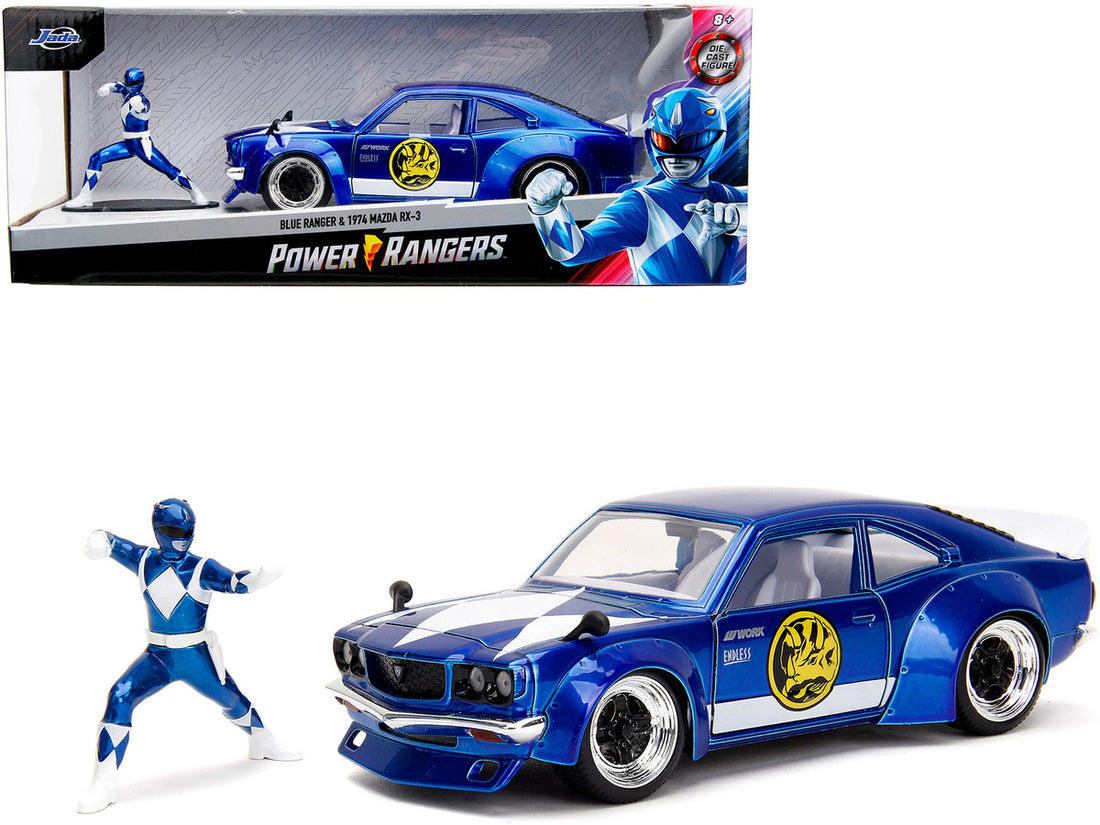 1974 Mazda RX-3 Candy Blue with White Interior and Graphics and Blue Ranger Diecast Figure "Power Rangers" "Hollywood Rides" Series 1/24 Diecast Model Car by Jada-0