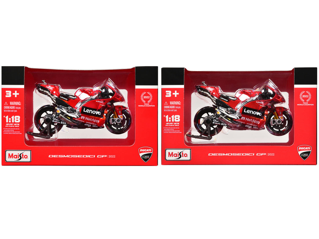 Ducati Desmosedici GP #43 Jack Miller and #63 Francesco Bagnaia "Ducati Lenovo Team" Team Champions "MotoGP World Championship" (2022) Set of 2 Motorcycles 1/18 Diecast Models by Maisto-0