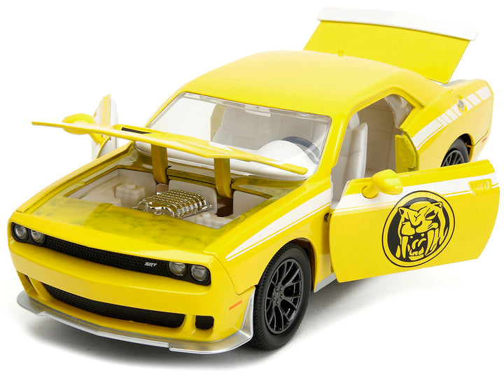 2015 Dodge Challenger SRT Hellcat Yellow with Graphics and Yellow Ranger Diecast Figure "Power Rangers" "Hollywood Rides" Series 1/24 Diecast Model Car by Jada-1