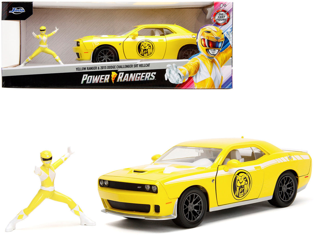 2015 Dodge Challenger SRT Hellcat Yellow with Graphics and Yellow Ranger Diecast Figure "Power Rangers" "Hollywood Rides" Series 1/24 Diecast Model Car by Jada-0