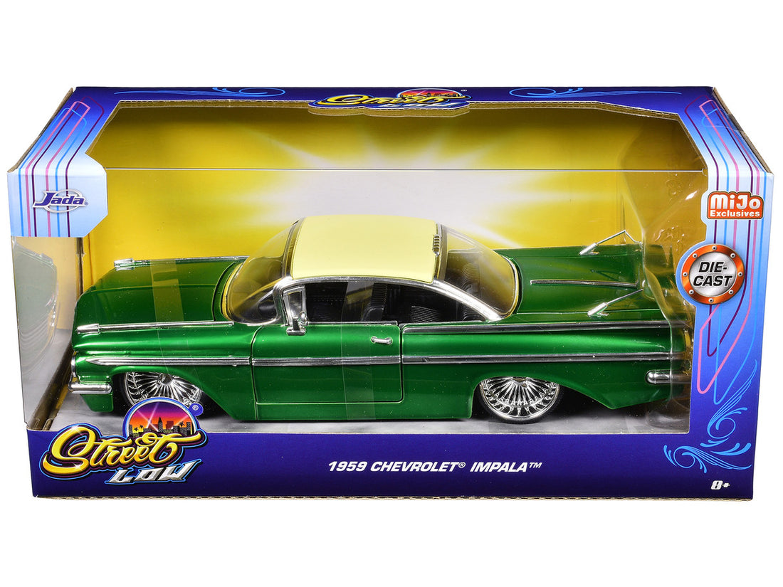 1959 Chevrolet Impala Lowrider Green Metallic with Cream Top and DUB Wire Wheels "Street Low" Series 1/24 Diecast Model Car by Jada-2