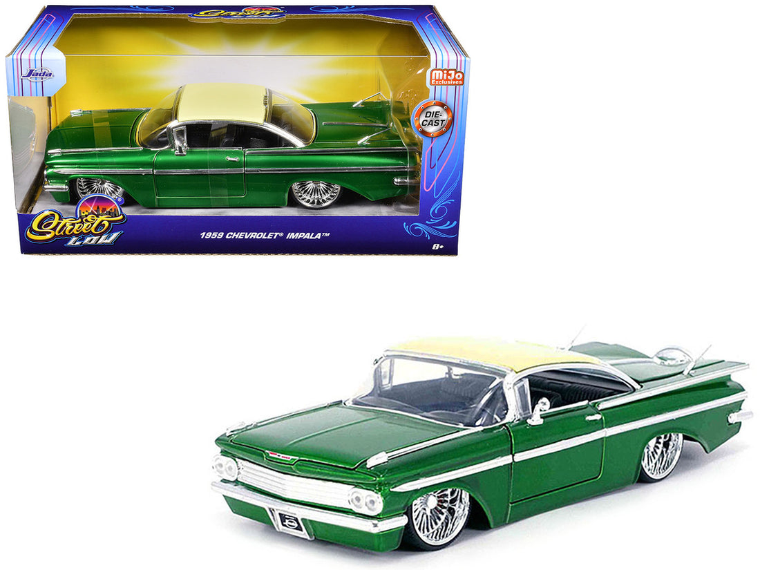 1959 Chevrolet Impala Lowrider Green Metallic with Cream Top and DUB Wire Wheels "Street Low" Series 1/24 Diecast Model Car by Jada-0