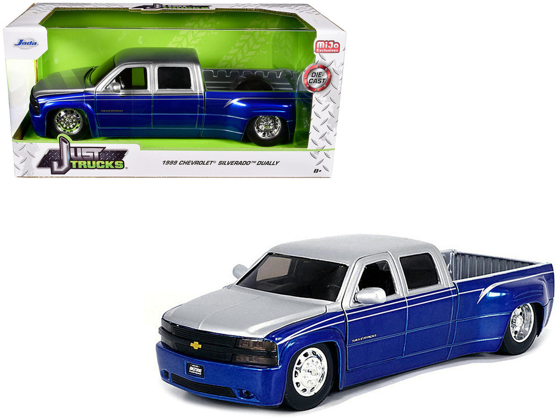 1999 Chevrolet Silverado Dually Pickup Truck Blue Metallic and Silver with Stock Wheels "Just Trucks" Series 1/24 Diecast Model Car by Jada-0