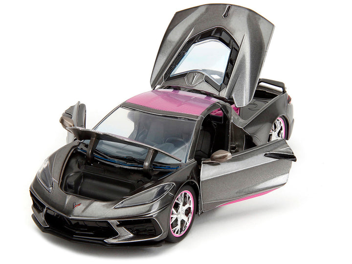 2020 Chevrolet Corvette Stingray Gray Metallic with Pink Carbon Hood and Top "Pink Slips" Series 1/24 Diecast Model Car by Jada-1