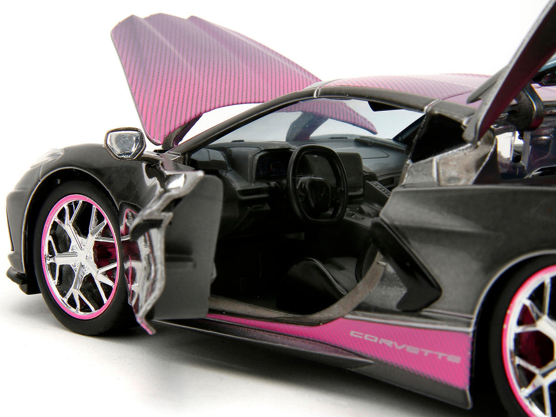 2020 Chevrolet Corvette Stingray Gray Metallic with Pink Carbon Hood and Top "Pink Slips" Series 1/24 Diecast Model Car by Jada-2