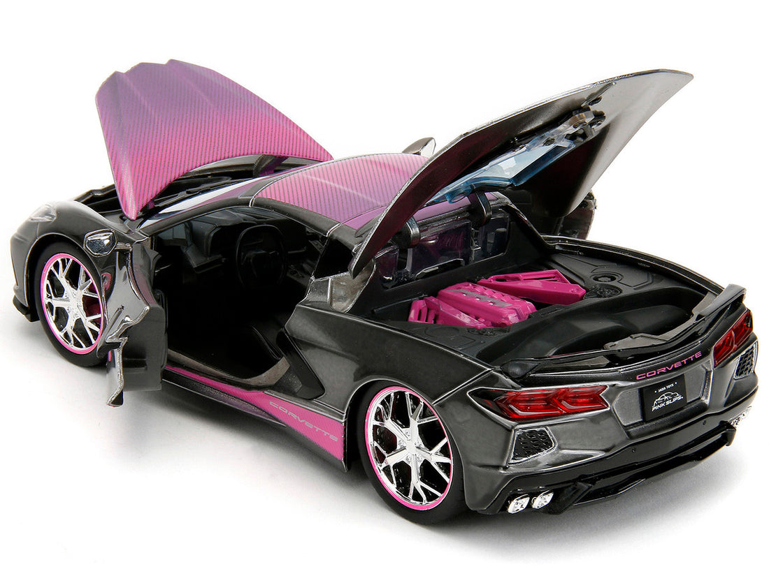 2020 Chevrolet Corvette Stingray Gray Metallic with Pink Carbon Hood and Top "Pink Slips" Series 1/24 Diecast Model Car by Jada-4