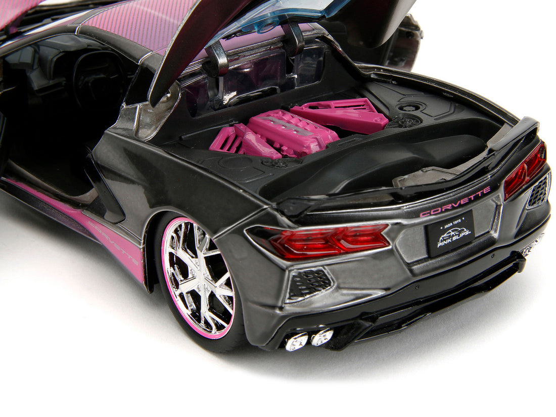 2020 Chevrolet Corvette Stingray Gray Metallic with Pink Carbon Hood and Top "Pink Slips" Series 1/24 Diecast Model Car by Jada-3