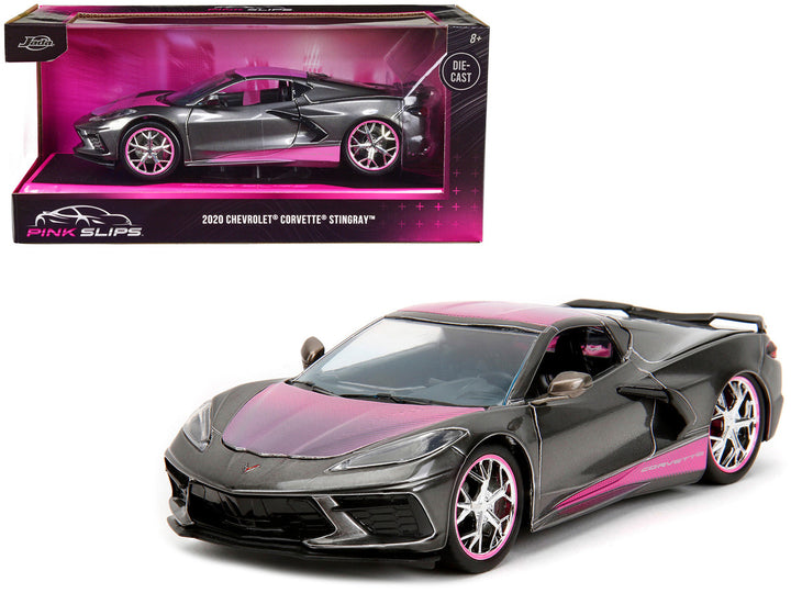 2020 Chevrolet Corvette Stingray Gray Metallic with Pink Carbon Hood and Top "Pink Slips" Series 1/24 Diecast Model Car by Jada-0