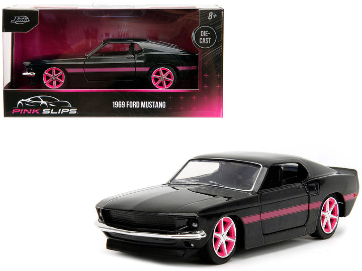 1969 Ford Mustang Black Metallic with Pink Stripes and Wheels "Pink Slips" Series 1/32 Diecast Model Car by Jada-0