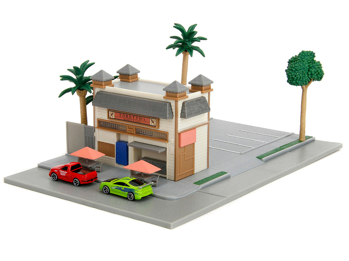 Toretto Cafe Diorama with Mitsubishi Eclipse Green and Ford F-150