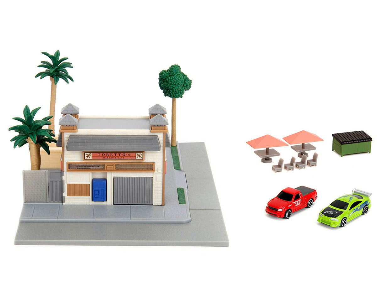 Toretto Cafe Diorama with Mitsubishi Eclipse Green and Ford F-150 SVT Lightning Red "Fast and Furious" "Nano Scene" Series Model by Jada-1
