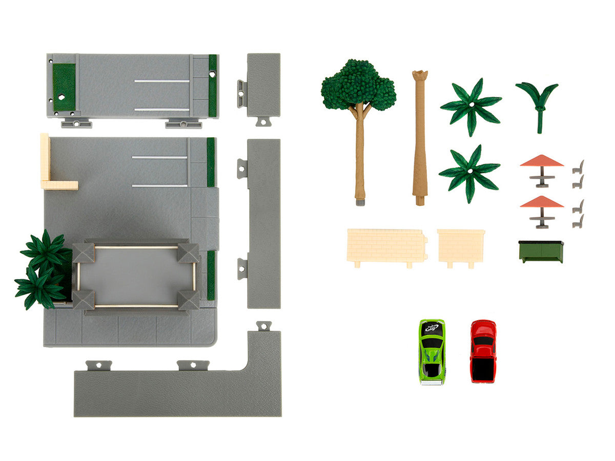 Toretto Cafe Diorama with Mitsubishi Eclipse Green and Ford F-150
