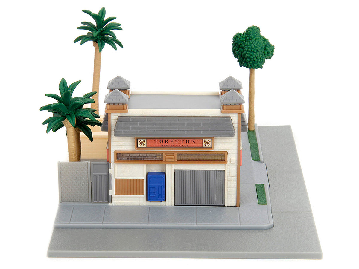 Toretto Cafe Diorama with Mitsubishi Eclipse Green and Ford F-150