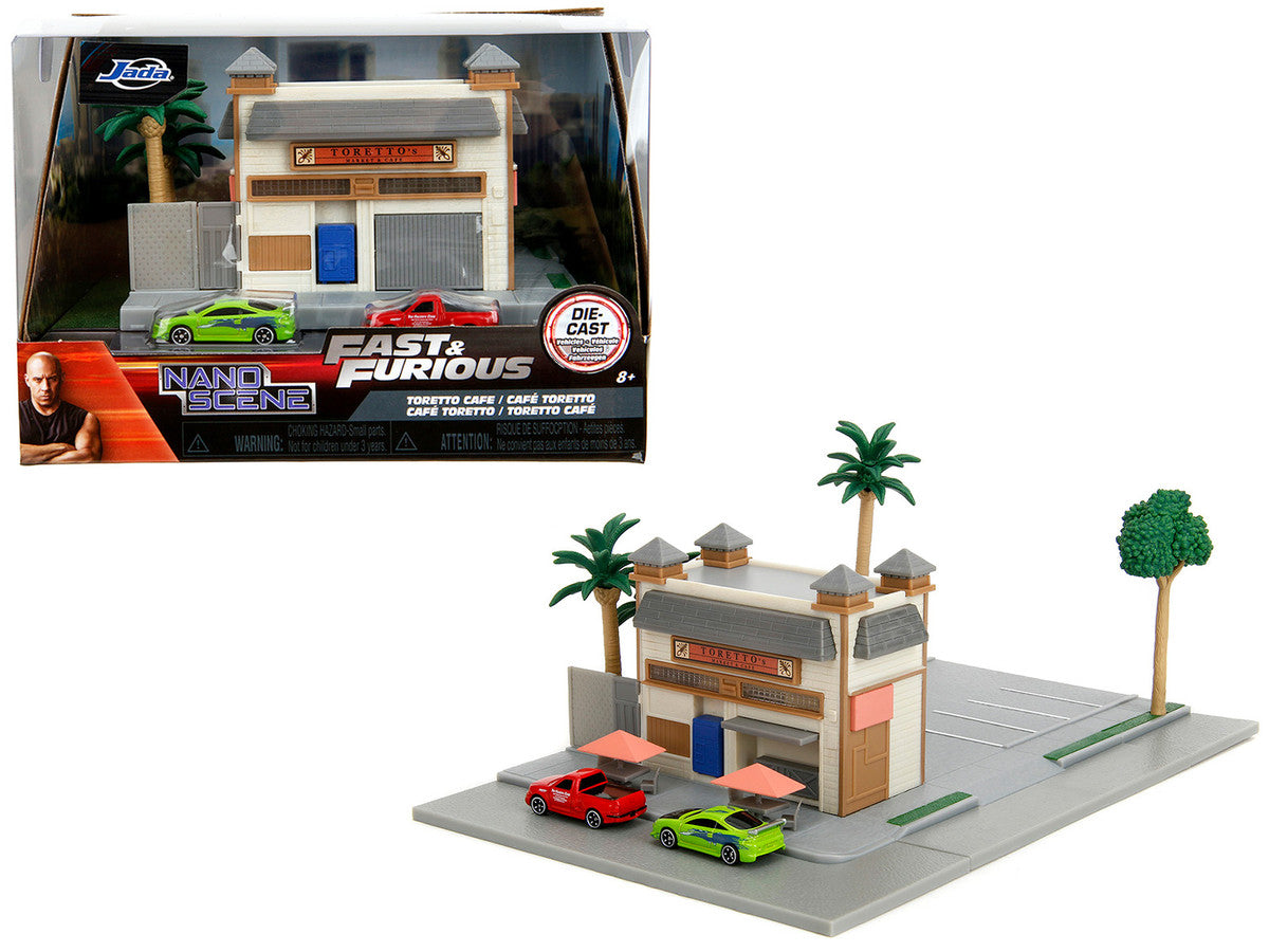 Toretto Cafe Diorama with Mitsubishi Eclipse Green and Ford F-150