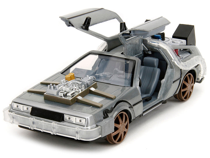 DeLorean Brushed Metal Time Machine (Train Wheel Version) with Lights "Back to the Future Part III" (1990) Movie "Hollywood Rides" Series 1/24 Diecast Model Car by Jada-1