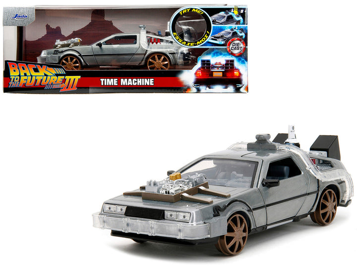 DeLorean Brushed Metal Time Machine (Train Wheel Version) with Lights "Back to the Future Part III" (1990) Movie "Hollywood Rides" Series 1/24 Diecast Model Car by Jada-0