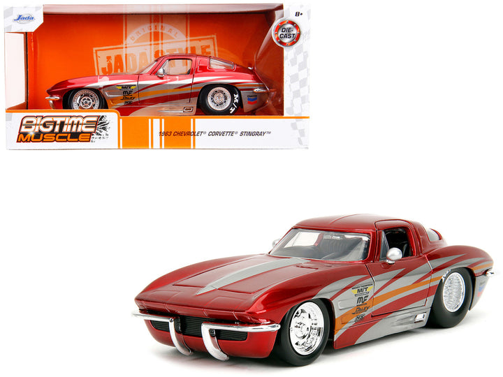 1963 Chevrolet Corvette Stingray Red Metallic with Silver Graphics "Bigtime Muscle" Series 1/24 Diecast Model Car by Jada-0