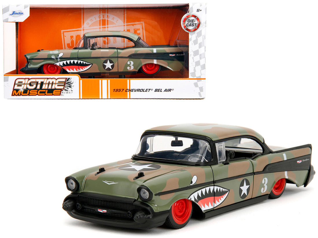 1957 Chevrolet Bel Air #3 Camouflage with Shark Mouth Graphics "Bigtime Muscle" Series 1/24 Diecast Model Car by Jada-0