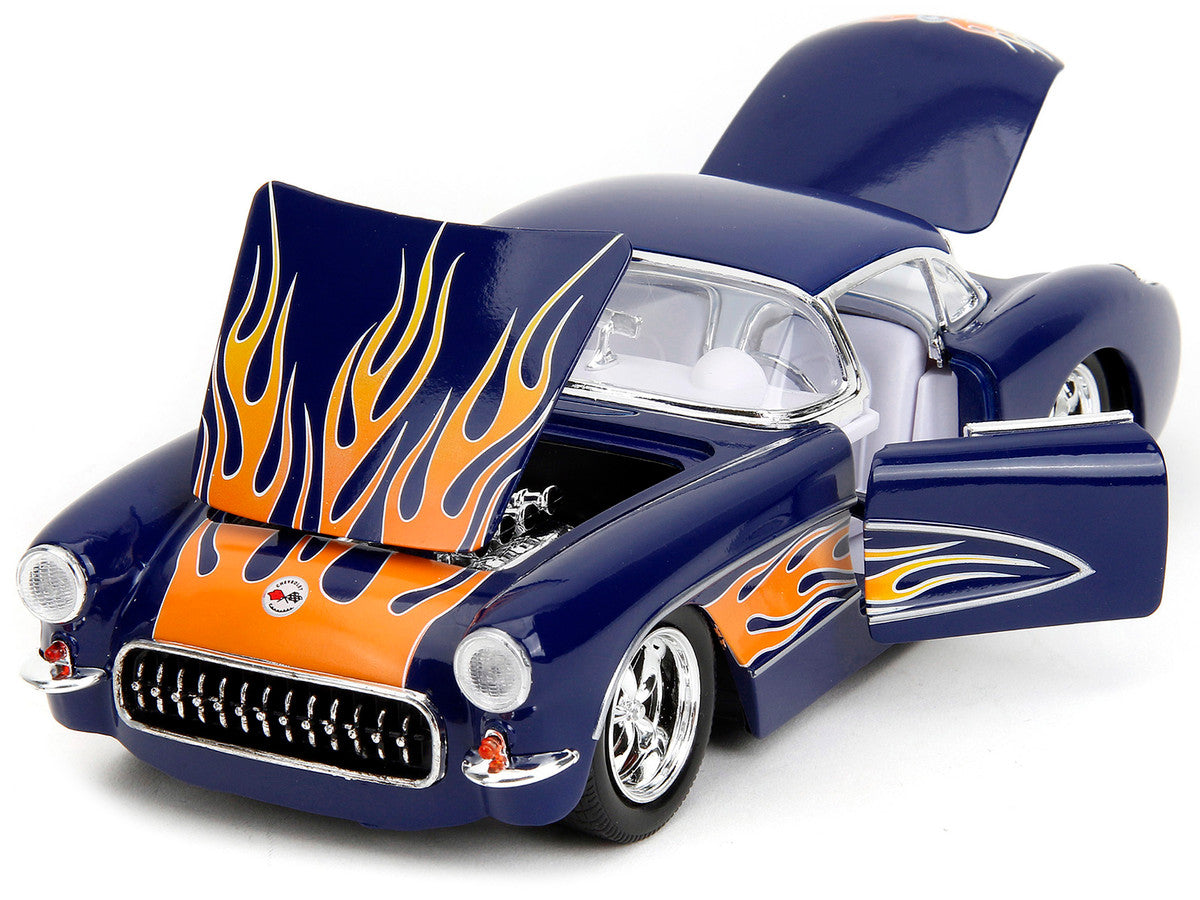 1957 Chevrolet Corvette Dark Blue with Flame Graphics and White Interior "Bigtime Muscle" Series 1/24 Diecast Model Car by Jada-1