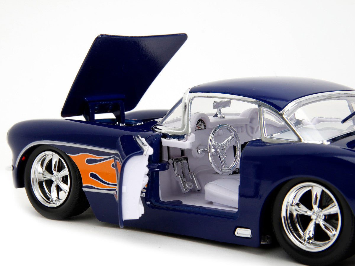 1957 Chevrolet Corvette Dark Blue with Flame Graphics and White Interior "Bigtime Muscle" Series 1/24 Diecast Model Car by Jada-2