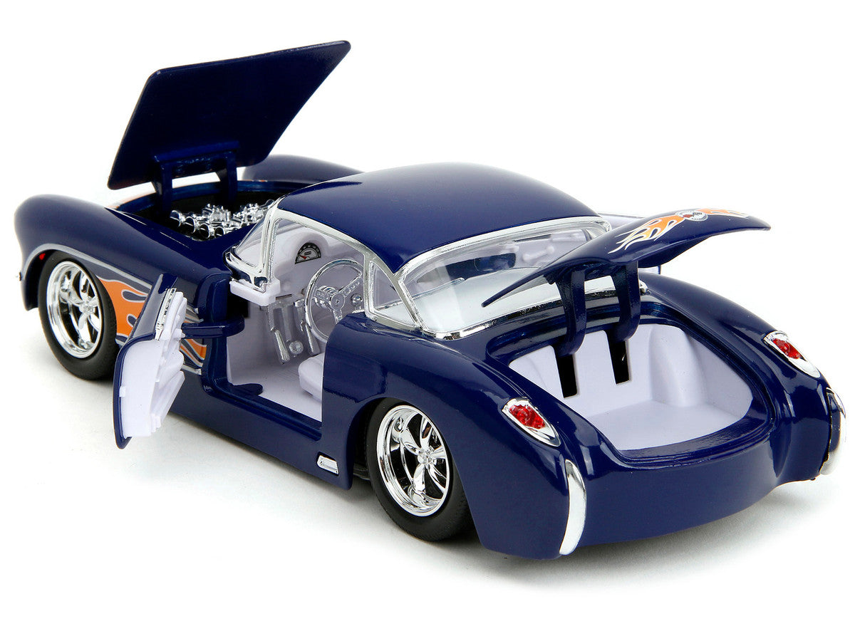 1957 Chevrolet Corvette Dark Blue with Flame Graphics and White Interior "Bigtime Muscle" Series 1/24 Diecast Model Car by Jada-3