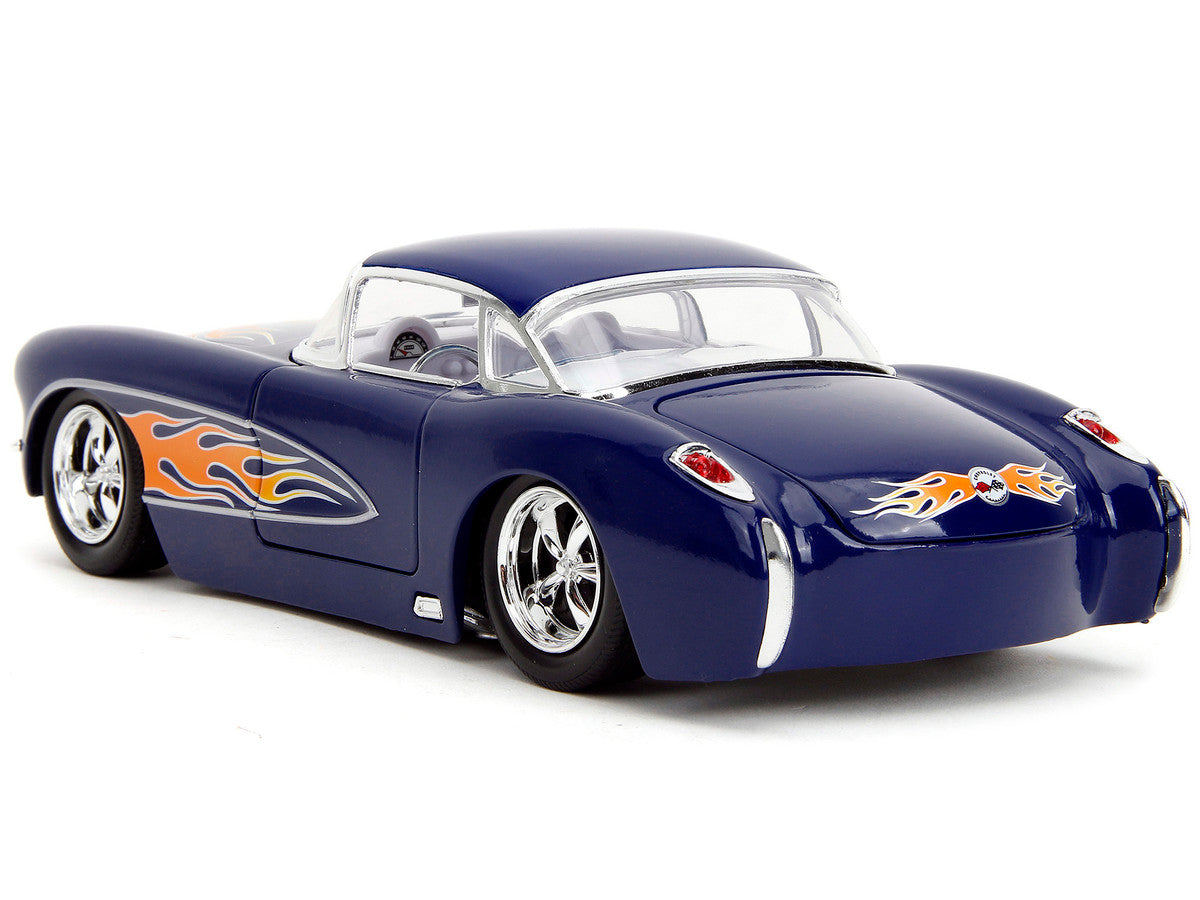 1957 Chevrolet Corvette Dark Blue with Flame Graphics and White Interior "Bigtime Muscle" Series 1/24 Diecast Model Car by Jada-4