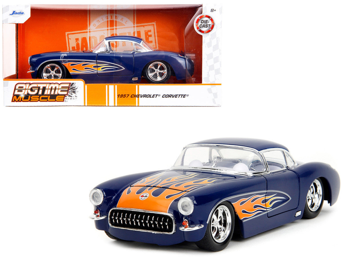 1957 Chevrolet Corvette Dark Blue with Flame Graphics and White Interior "Bigtime Muscle" Series 1/24 Diecast Model Car by Jada-0