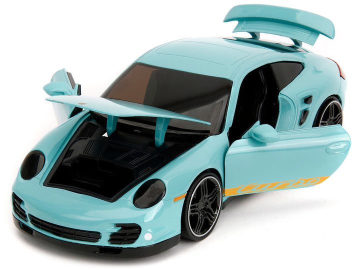 Porsche 911 Turbo (997) Light Blue with Yellow Stripes "Pink Slips" Series 1/24 Diecast Model Car by Jada-1