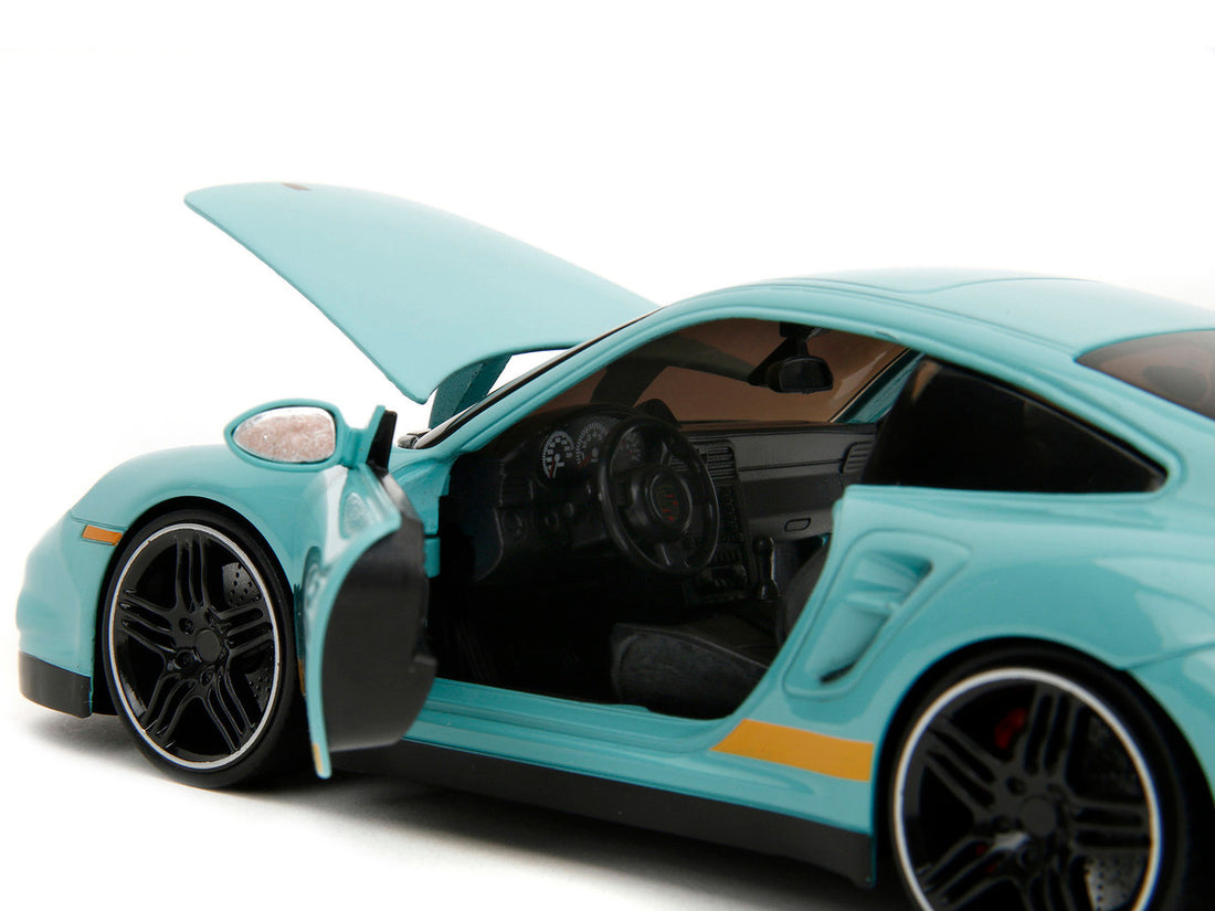 Porsche 911 Turbo (997) Light Blue with Yellow Stripes "Pink Slips" Series 1/24 Diecast Model Car by Jada-2