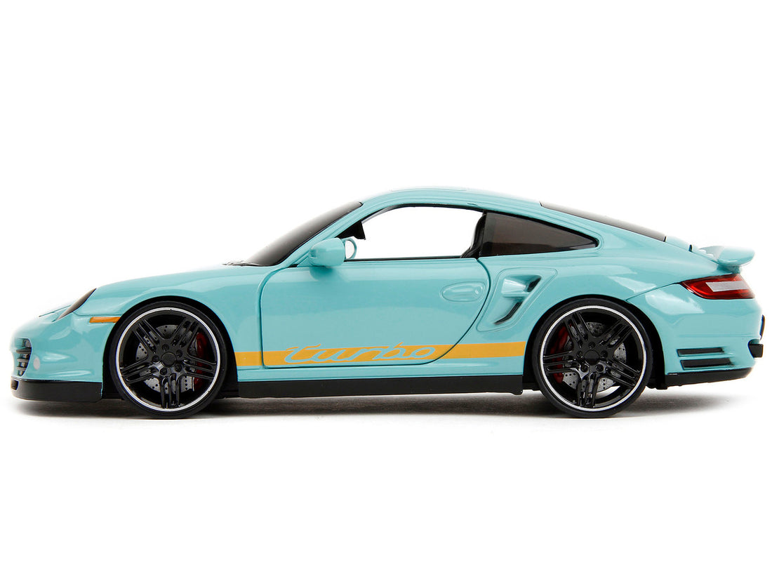 Porsche 911 Turbo (997) Light Blue with Yellow Stripes "Pink Slips" Series 1/24 Diecast Model Car by Jada-3