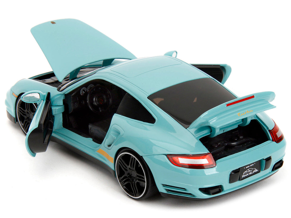 Porsche 911 Turbo (997) Light Blue with Yellow Stripes "Pink Slips" Series 1/24 Diecast Model Car by Jada-4