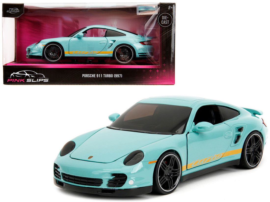 Porsche 911 Turbo (997) Light Blue with Yellow Stripes "Pink Slips" Series 1/24 Diecast Model Car by Jada-0