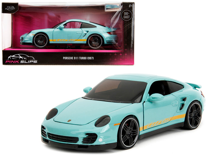 Porsche 911 Turbo (997) Light Blue with Yellow Stripes "Pink Slips" Series 1/24 Diecast Model Car by Jada-0