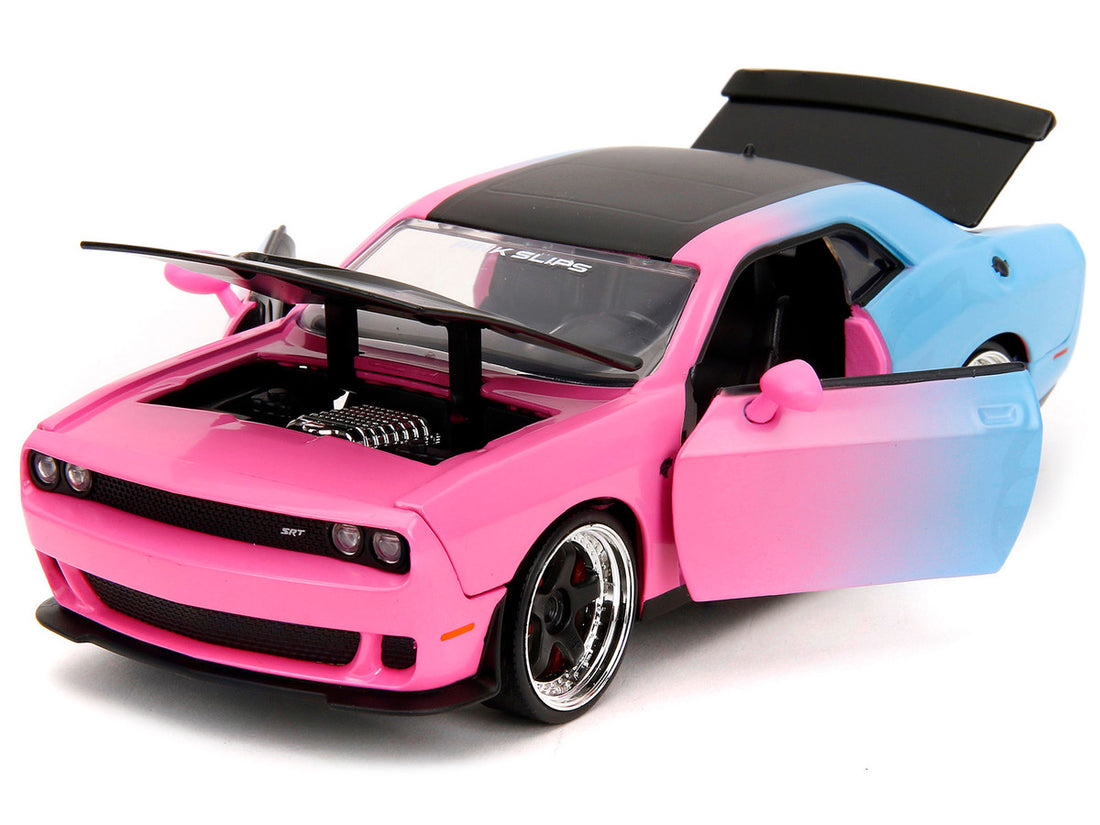 2015 Dodge Challenger SRT Hellcat Pink and Blue Gradient with Matt Black Hood and Top "Pink Slips" Series 1/24 Diecast Model Car by Jada-1