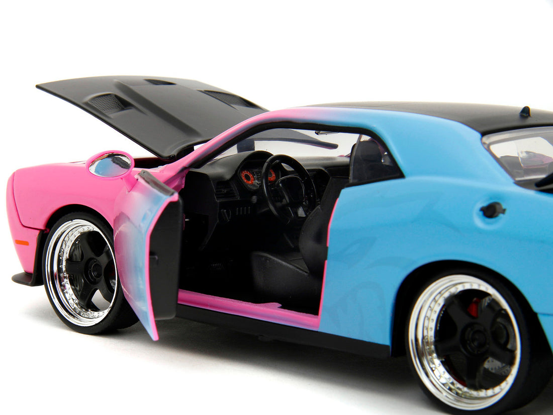 2015 Dodge Challenger SRT Hellcat Pink and Blue Gradient with Matt Black Hood and Top "Pink Slips" Series 1/24 Diecast Model Car by Jada-2