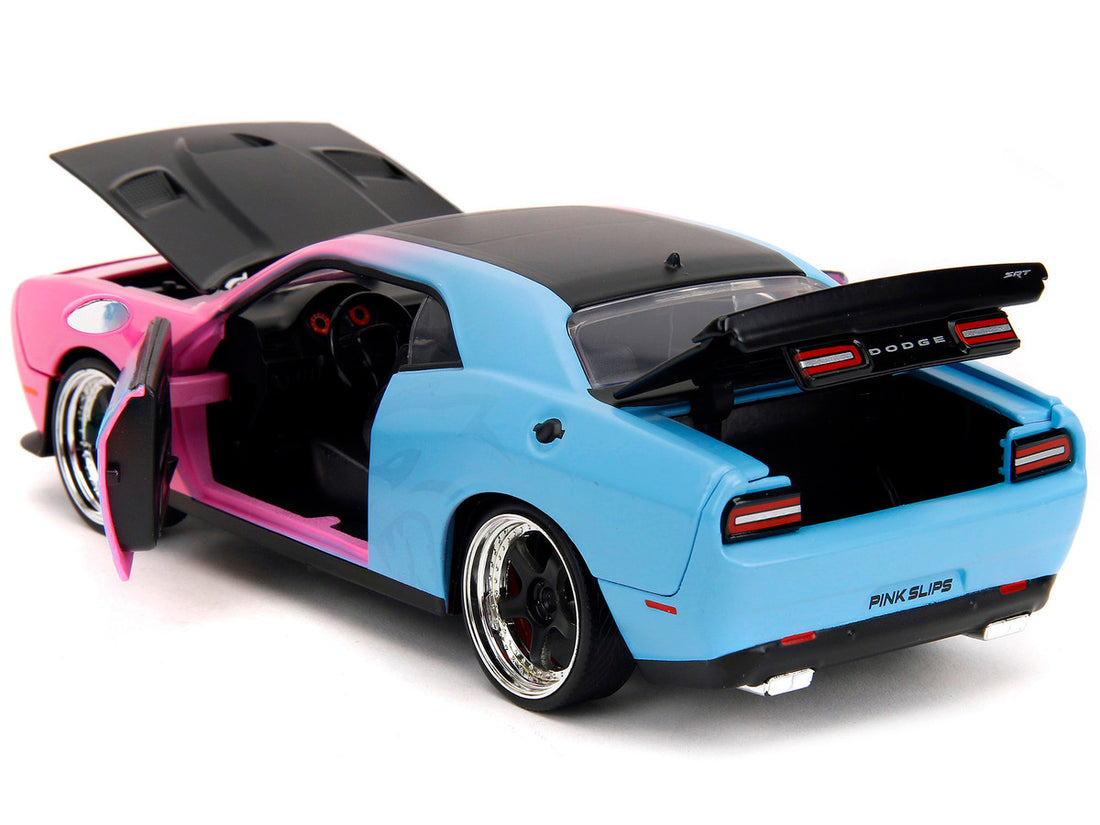 2015 Dodge Challenger SRT Hellcat Pink and Blue Gradient with Matt Black Hood and Top "Pink Slips" Series 1/24 Diecast Model Car by Jada-4